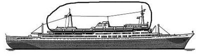 Fig 4. 대서양 정기여객선 ‘로테르담(Rotterdam)'호의 측면도(1959년에 건조. 굵은 선으로 표시된 부분이 알루미늄으로 제작된 상부구조물이다)