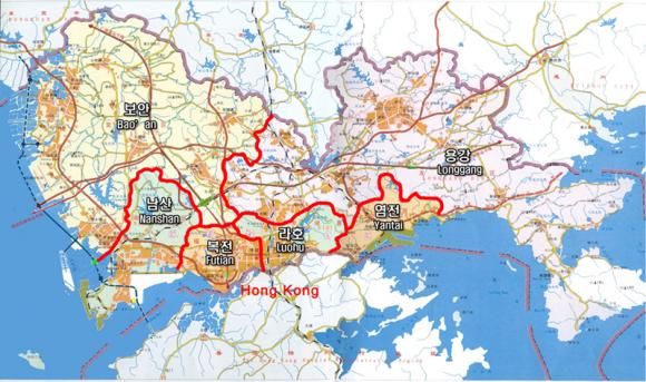 심천은 홍콩보다 생산지역에 가깝다는 장점으로 급성장하고 있다. 홍콩과 맞닿아 있는 4개 지역이 특별경제구역으로 지정된 남산, 복전, 라호, 염전이다