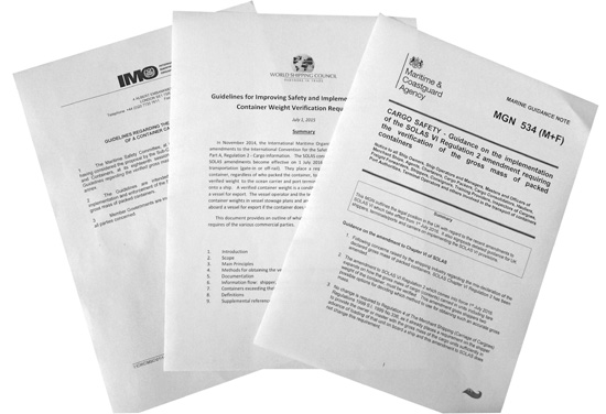 (왼쪽부터) IMO, ICS, 영국의 컨테이너 중량 검증 의무제 도입 가이드라인