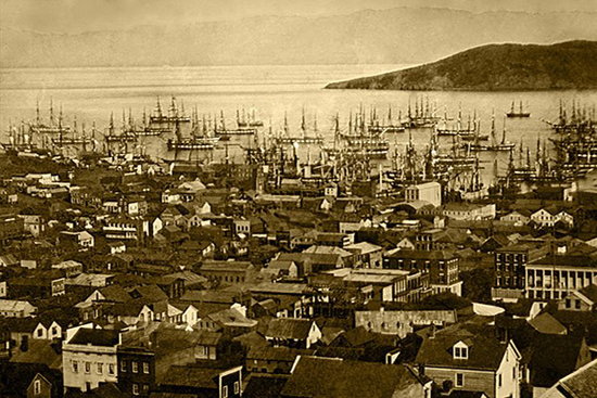 배가 많이 정박된 1850년대 샌프란시스코항 전경