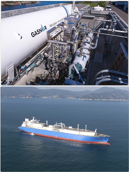 대우조선해양이 독자 개발한 천연가스 연료공급시스템(위)과 첫 건조된 LNG선(아래)