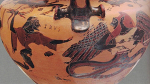 그림 1. 괴물에게 번개를 던지는 제우스 (왼쪽)